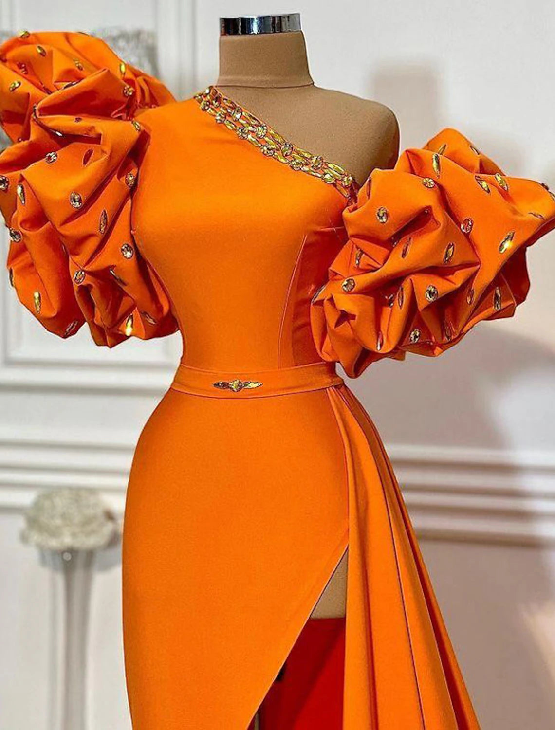 Luolandi A-Line Evening Gown Floral Dress Masquerade Court Train Short Sleeve One Shoulder African American Satin